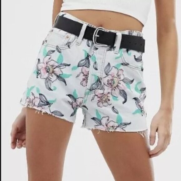 Levi's 501 Floral Pastel Embroidery Hi Rise Button Fly Cut Off Shorts Size 28 - Picture 1 of 8